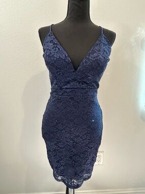 Emerald Sundae Navy Lace V-Neck Spaghetti-Strap Mini Dress